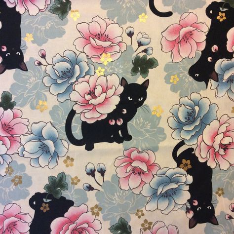 COMING SOON 2017 Neko Japanese Kitty Cat Asia Floral China Japan Kimono Quilting Cotton Fabric NT14 Koi Dragon, Floral China, Black Cat Lover, Japan Logo, Japan Kimono, Black Cat Art, Aesthetic Japan, Cat Artwork, Cat Fabric