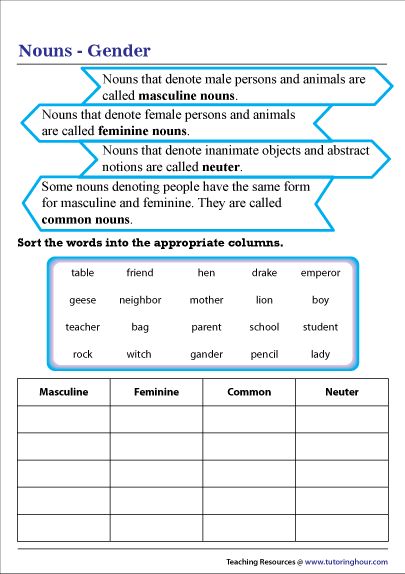 Common Gender Worksheet, Gender Of Nouns, Common Nouns Worksheet, Nouns Exercises, English Questions, Punctuation Posters, Nouns Activities, Simple English Sentences, Singular And Plural Nouns