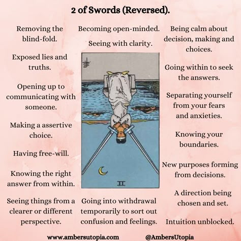 2 of Swords in reversed position. These are the meanings are this tarot card from the suit of swords.

#tarot #twoofswords #2ofswords 2 Of Swords Reversed, 2 Of Swords, Suit Of Swords, Two Of Swords, Tarot Interpretation, Tarot Significado, Tarot Cards For Beginners, Swords Tarot, Learning Tarot Cards