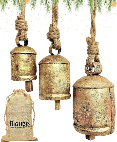 Amazon.com: HIGHBIX Set of 3 Harmony Cow Bells Vintage Handmade Rustic Lucky Christmas Hanging Bells On Rope : Home & Kitchen Christmas Decor Trends, Christmas Stem, Jute Hanging, Neutral Christmas Decor, Cozy Christmas Decor, Hanging Bell, Christmas Hanging, Rustic Colors, Cow Bell