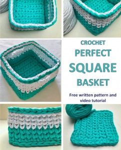 Crochet With T Shirt Yarn Projects, T Shirt Crochet Pattern, T Shirt Yarn Baskets Crochet, Crochet Large Square Basket Pattern Free, Crochet With Tee Shirt Yarn, T Shirt Crochet Projects, Crochet Square Basket Free Pattern, Tshirt Yarn Crochet Basket, Crochet Square Baskets Free Patterns