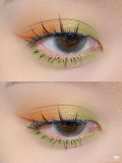 Orange And Green Eyeshadow, Colourful Eyeshadow Looks, Colourful Eyeshadow, Everyday Eyeshadow, Maquillage Yeux Cut Crease, Orange Makeup, Eyeshadow Tutorials, Cute Eye Makeup, Korean Eye Makeup