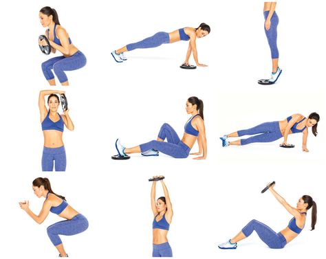 Weight plates aren't just for loading up barbells. Here's how to use one to tone every muscle. GRAB a 10-pound plate with cutouts. Multiple grips let you target muscles in ways dumbbells (or a barb... Plate Workouts, Plate Workout, Plate Exercises, Tuesday Workout, Pilates Moves, Fitness Pal, Summer Body Workouts, My Fitness Pal, The Fix