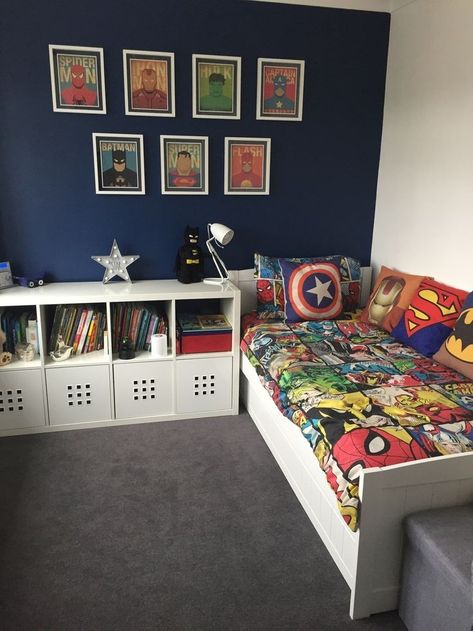 Toddler Boys Marvel Room, Sons Room Ideas, Toddler Bedroom Boy Marvel, Sons Room Design, Little Boys Marvel Bedroom, Super Hero Bedroom Kids Rooms, Small Toddler Boys Bedroom Ideas, Toddler Boy Room Superhero, Toddler Boy Superhero Bedroom