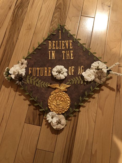 Grad Cap Ideas Agriculture, Ag Teacher Gift Ideas, Ag Teacher Graduation Cap, Ffa Tattoo Ideas, Agriculture Graduation Cap Ideas, High School Cap Ideas, Ag Graduation Cap, Country Grad Cap Ideas, Grad Cap Ideas Western