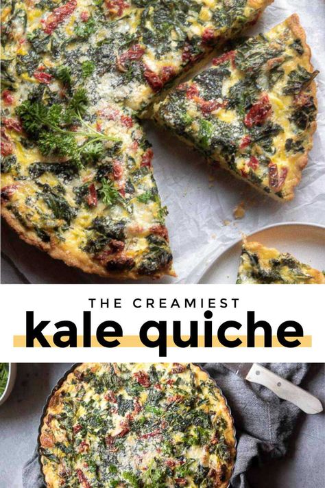 Quiche With Kale, Crustless Kale Quiche, Kale Quiche Crustless, Kale Quiche Recipes, Mug Cake Videos, Quiche Kale, Kale Quiche, Kale Greens, Creamy Kale