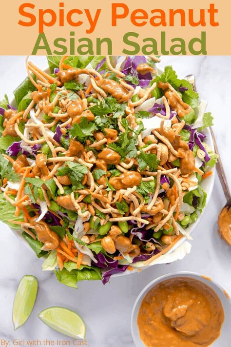 This Asian Salad with homemade spicy peanut dressing is deliciously addicting! Perfect for lunch or dinner. #salad #saladdressing #peanutsauce #peanutdressing #spicypeanut #asiansalad #saladrecipe Nanas Recipes, Peanut Salad Dressing, Peanut Butter Salad, Spicy Peanut Dressing, Crispy Chow Mein Noodles, Thai Peanut Salad, Asian Salad Recipe, College Recipes, Peanut Salad