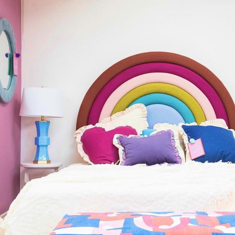 Somewhere over the rainbow Way up high There are headboards you dream of Once in a lullaby Somewhere over the rainbow Bluebirds fly And the… Diy Rainbow Headboard, Coral Bedroom Decor, Coral Furniture, Rainbow Headboard, Rainbow Bed, Summer Bedroom Decor, Coral Bedroom, Unicorn Room, Rainbow House