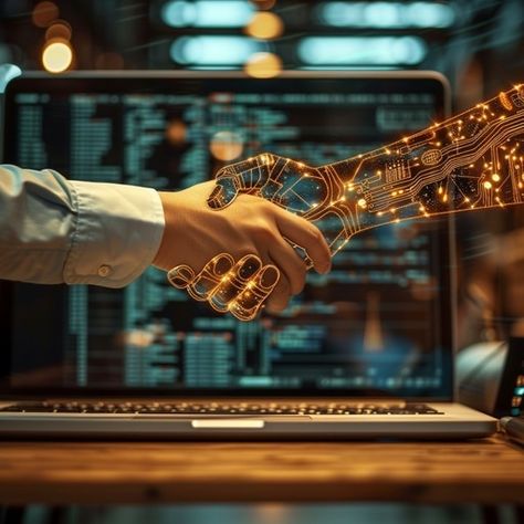 This compelling image captures a symbolic moment where human and machine interact seamlessly through a handshake, representing the convergence of humanity with advanced technology. The glowing robotic hand with intricate circuitry contrasts with the human's flesh and bone, set against a computer screen displaying lines of code. This visual metaphor epitomizes the integration of artificial intelligence into everyday life and the potential harmony between biological beings and their mechanical cou Human Computer Interaction, Flesh And Bone, Robotic Hand, Human Intelligence, Robot Hand, Friendship Images, Human Computer, Human Values, Integrated Circuit