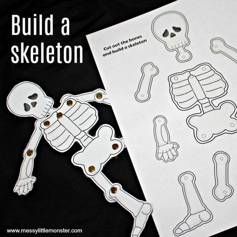 build a human skeleton activity for kids using skeleton parts Human Skeleton For Kids, Skeleton For Kids, Skeleton Craft, Skeleton Parts, Human Body Activities, Halloween Preschool, Human Skeleton, Science Projects For Kids, Halloween Crafts For Kids