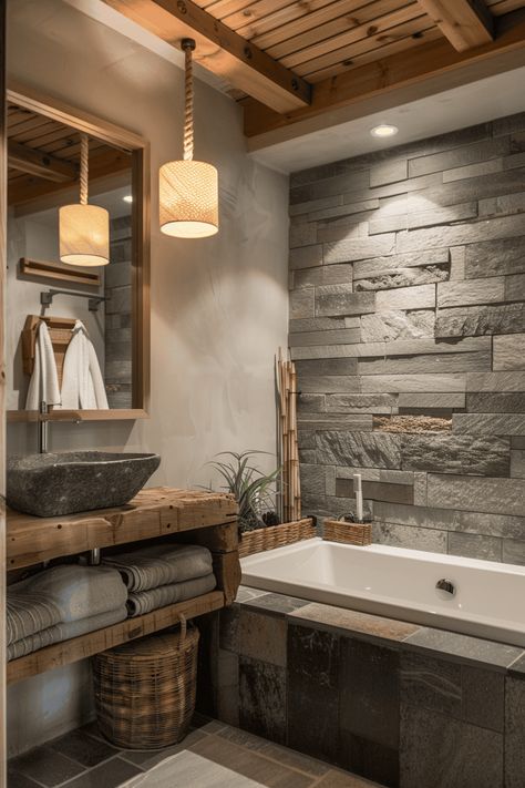 zen inspired moody bathroom Woodsy Bathroom Ideas Rustic, Modern Mountain Home Bathroom, Moody Bathroom Tile, Bathroom Tile Shower Ideas, Modern Cabin Bathroom, Dark House Aesthetic, Bathroom Moodboard, Modern Farmhouse Bathroom Ideas, Vintage Bathroom Ideas