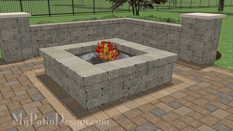 Beautiful Built-in Stone Fire Pit for Your Backyard.  Easy Stack and Glue Installation with Tumbled Patio Block.  Download Installation Plan at MyPatioDesign.com Diy Fire Pit Ideas, Fire Pit Plans, Patio Blocks, Fire Pit Materials, Brick Fire Pit, Brick Patio, Outdoor Fireplace Designs, Patio Steps, Patio Pergola