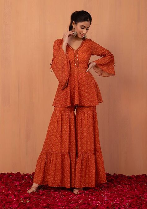 Short Kurta Set, Orange Mosaic, Short Kurta, Orange Shorts, Sharara Set, Indian Outfit, Indian Wedding Dress, Indie Fashion, Kurta Set