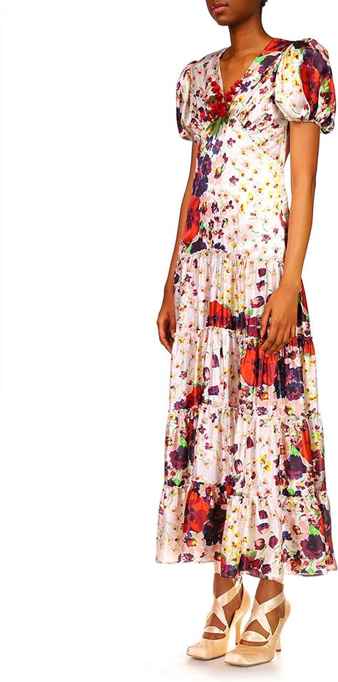 It's a joy to slip into a dress that does all the work for you. This puffed-sleeve maxi features a V neckline accented by a spray of hand molded silk flowers that echo our vibrant purple and mauve floral silk satin print. Its slimming and lengthening empire waistline flows into a ruched tiered skirt for effortless femininity. Floral Silk Dress, Silk Rose, Empire Waistline, Silk Floral Dress, Hand Molding, Vibrant Purple, Silk Roses, Silk Flower, Support Small Business