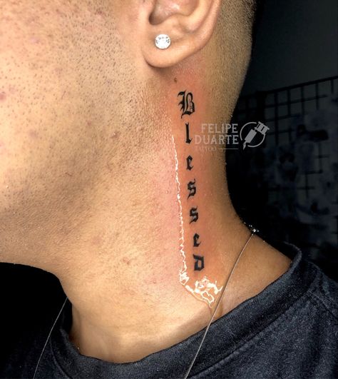 Blessed Tattoo, Blessed Tattoos, Tattoo Neck, Small Letters, Tattoo Trends, Block Lettering, Neck Tattoo, Tattoos For Guys, Tatting