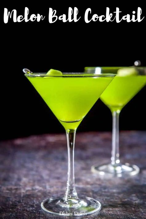 This melon ball cocktail has a beautiful color and tastes scrumptious! There are only three ingredients and couldn't be easier. #melonball #cocktail #midori #dishesdelish Melon Ball Drink, Melon Ball Cocktail, Cosmo Recipe, Midori Melon, Thanksgiving Drinks, Boozy Desserts, Soft Foods, Festive Drinks, Martini Recipes