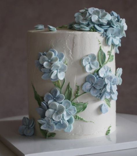 Shower Cake, Hydrangea, Shower, Cake, Flowers, Blue, White