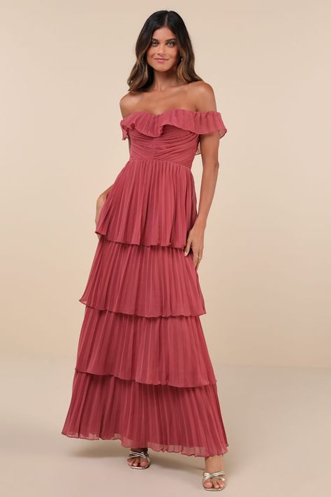 With the Lulus Always Remarkable Rusty Rose Pleated Off-the-Shoulder Maxi Dress, it's inevitable that compliments will follow you all night long! Airy, pleated woven chiffon shapes a lightly gathered bodice with hidden no-slip strips and a sweetheart-style neckline adorned with ruffled trim that flows into fluttery, off-the-shoulder straps (with elastic at the shoulders). The high, fitted waist tops a tiered, A-line skirt that cascades down to a sweeping maxi hem. Hidden back zipper/clasp. Fit: Rusty Rose, Pleated Gown, Gathered Bodice, Dresses Quinceanera, Evening Dresses Cocktail, Bridal Party Dresses, Adhesive Bra, Follow You, Strapless Bra