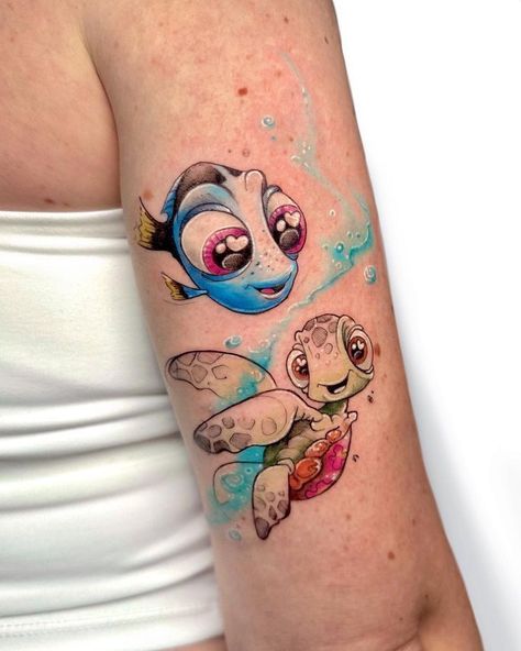 Stitch And Turtle Tattoo, Nemo Turtle Tattoo, Disney Tattoos Small Simple, Nemo Tattoo, Finding Nemo Tattoo Ideas, Nemo And Dory Tattoos, Finding Nemo Tattoo, Disney Tattoo Sleeve, Turtle From Nemo Tattoo