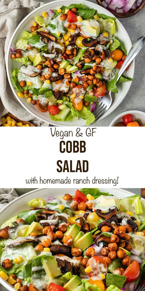 Vegan Cobb Salad, Salad With Ranch Dressing, Homemade Vegan Ranch Dressing, Salad With Ranch, Cobb Salad Dressing, Bacon Corn, Mushroom Bacon, Dairy Free Salads, Cobb Salad Recipe