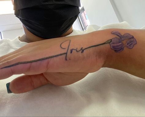 Tattoo Ideas Iris Flower, Iris Name Tattoo, Iris Tattoo Goo Goo Dolls, Iris Flowers Tattoo, Iris Flower Tattoos, Irises Tattoo, Iris Tattoo Design, Name Flower Tattoo, Big Tattoos