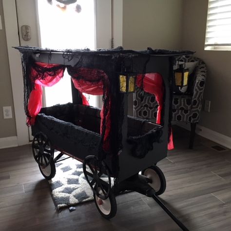 Halloween Wonderfold Wagon, Coffin Wagon Halloween, Coffin Stroller Costume, Decorated Wagon For Halloween, Halloween Hearse Carriage, Diy Hearse Halloween, Witch Wagon Halloween, Wagon Makeover, Diy Hearse Wagon