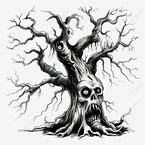 big tree with eyes mouth arms and roots halloween halloween silhouette tree png Spooky Tree Drawing, Creepy Tree Drawing, Tree With Eyes, Horror Tree, Evil Tree, Creepy Tree, Silhouette Tree, Silhouette Halloween, Halloween Silhouette