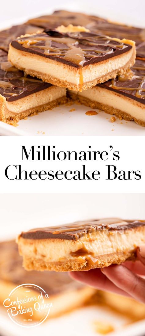 This millionaire's cheesecake bar recipe is the perfect party dessert. A shortbread cookie base is topped with a caramel cheesecake layer and topped with a chocolate ganache and more caramel. Step-by-step photos teach you how to bake these cheesecake bars. Millionaires Cheesecake Bars, Cheesecake Bars For A Crowd, Millionaire Bars Food Network, Millionaires Cheesecake Recipes, Millionaire Cheesecake Recipe, Salted Caramel Cheesecake Bars, Mini Millionaire Cheesecake, Cheesecake With Shortbread Crust, Millionaire Cheesecake