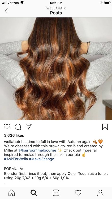 Cowboy Copper Hair Formula Wella, Wella Caramel Color, Wella Caramel Toner Formula, Gingerbread Caramel Hair Color Formula, Wella Copper Brown Formula, Ginger Brown Hair Color, Ginger Brown Hair, Wella Illumina, Wella Hair Color