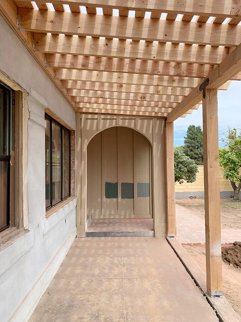 Front Porch Pergola, Jenny Komenda, Porch Pergola, Evergreen House, Small Pergola, Pergola Curtains, Pergola Swing, Building A Porch, Reclaimed Brick