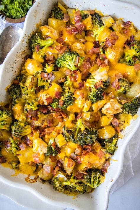 Loaded chicken potato casserole is hearty, filling, and comforting, with tender potatoes and broccoli, juicy chicken, melty cheese, and smoky bacon. Loaded Potato With Chicken, Chicken Broccoli Potato Cheese Casserole, Chicken Potato Broccoli Casserole, Potato Lunch Recipes, Chicken Potato Casserole Recipes, Dinners With Potatoes, Chicken With Potatoes Recipes, Chicken Broccoli Potatoes, Potato And Chicken Recipes