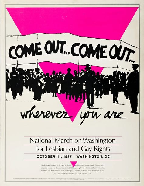 Susie Gaynes | Come Out...Come Out...Wherever You Are / National March on Washington for Lesbian and Gay Rights. (1987) | MutualArt National Coming Out Day, Dorothy Wizard Of Oz, Vintage Lesbian, Sara Ramirez, March On Washington, Lgbt History, Protest Art, Gay Rights, Pink Triangle