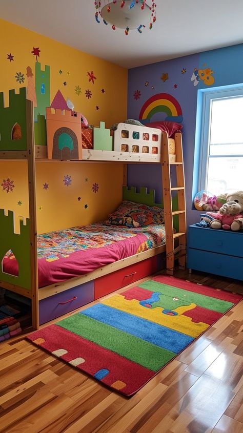 Whimsical castle-themed children's bedroom with colorful walls, bunk bed, and cozy window seat Whimsical Castle, Cozy Window, Cozy Window Seat, Colorful Walls, Childrens Bedroom Decor, Children's Bedroom, Quiet Moments, Bedroom Decor Ideas, Bunk Bed