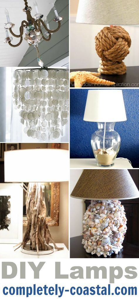 DIY Coastal, Beach & Nautical Lamps. Featured on Completely Coastal: http://www.completely-coastal.com/search/label/Making%20Lamps Driftwood Lamps, Shell Lamps, Rope Lamps, Chandeliers, Faux Capiz Hanging Lamp & much more. Nautical Lamps, Driftwood Chandelier, Beach Crafts Diy, Rope Lamp, Shell Lamp, Driftwood Lamp, Nautical Crafts, Rustic Lamps, Shell Decor