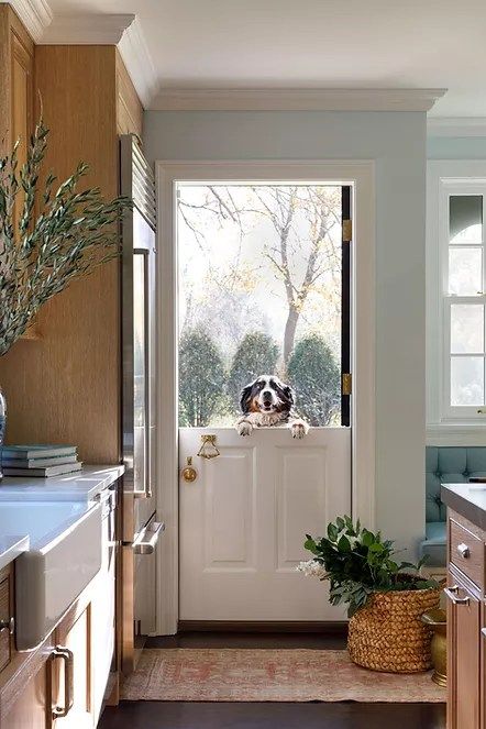 Front Door Open To Kitchen, Door In Kitchen, Cottage Foyer, White Laundry Rooms, Grey Countertops, Charming Kitchen, White Shiplap, Tower House, Dutch Door