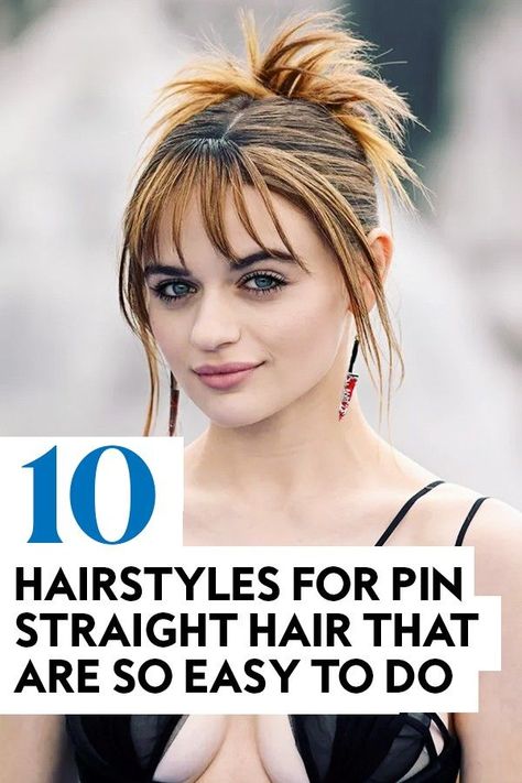 Straight hair doesn't equal boring, and these hairstyles prove that. Get inspiration with these celebrity hairstyles for pin-straight hair. #hairtips#hairinspiration#hairstyles Simple Updo For Straight Hair, Edgy Straight Hairstyles, Hairstyles For Straight Shoulder Length Hair, Half Up Hair Styles Straight Hair, Sleek Simple Hairstyles, Easy Styles For Straight Hair, Haïr Style Long Straight Hair, How To Style Pin Straight Hair, Hairdos For Fine Straight Hair