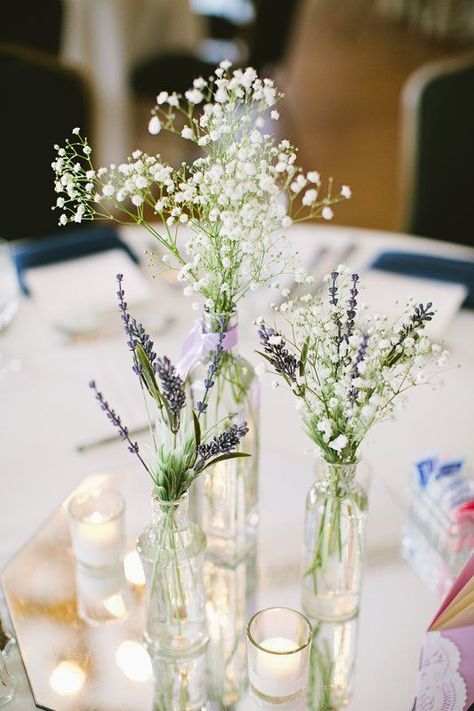 Centerpieces With Lavender, Brown White Wedding, Lavender Wedding Centerpieces, Lavender Centerpieces, Bud Vases Wedding, Bud Vase Centerpiece, Lavender Wedding Theme, White Wedding Decor, Lavender Baby Showers