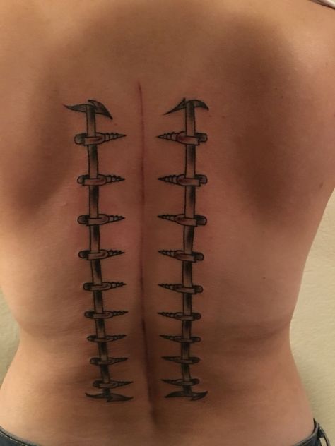 Back tattoo- done in honor of my son's spinal fusion surgery Spinal Fusion Surgery, Spinal Tattoo, Tattoo Over Scar, Awareness Tattoo, Spinal Fusion, Spinal Surgery, Scar Tattoo, Back Pain Remedies, Back Pain Exercises