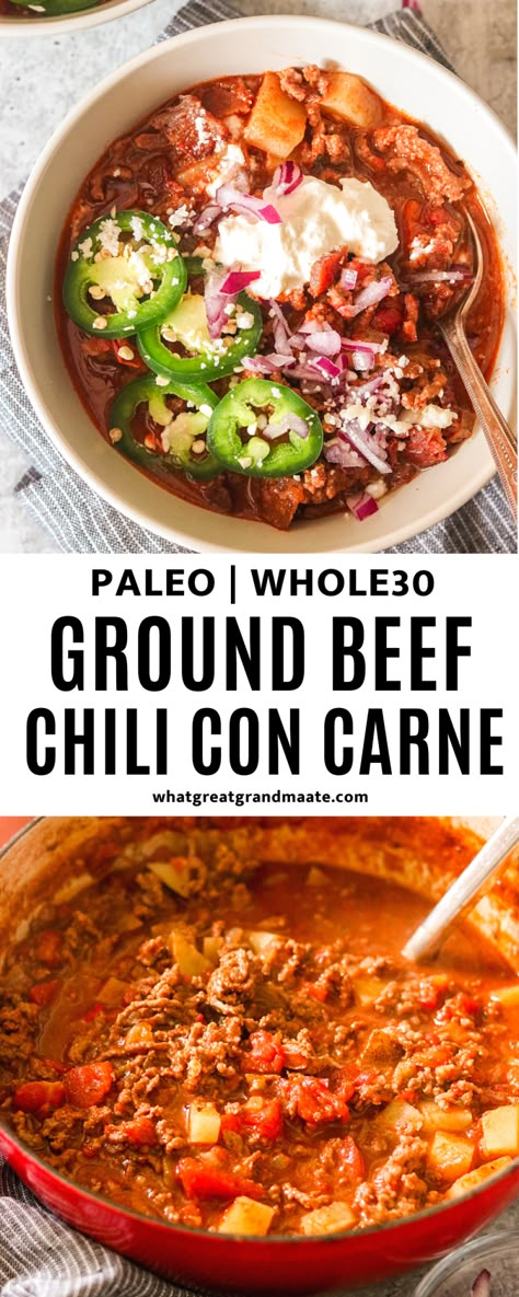 Whole 30 Chilli Recipe, Whole 30 Winter Recipes, Best Beanless Chili Recipe, Whole 30 Chili Recipe, Easy Beanless Chili Recipe, Paleo Chili Recipe, Beanless Chili Recipe, Beanless Chili, Paleo Chili