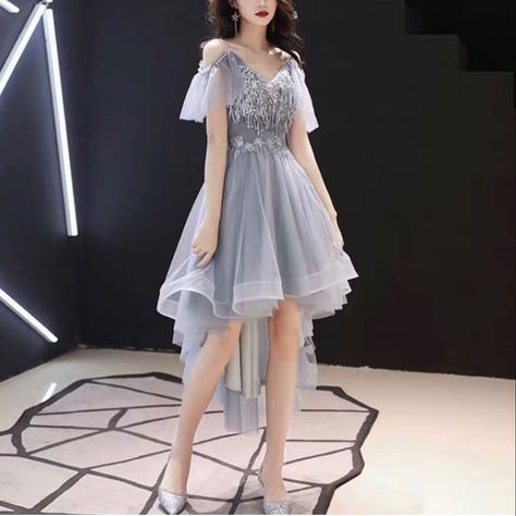 Grey Short Dress, High Low Dress Formal, Korean Fashion Dress, Pretty Prom Dresses, Fairytale Dress, Fairy Dress, Prom Gown, Ball Gowns Wedding, Gray Dress