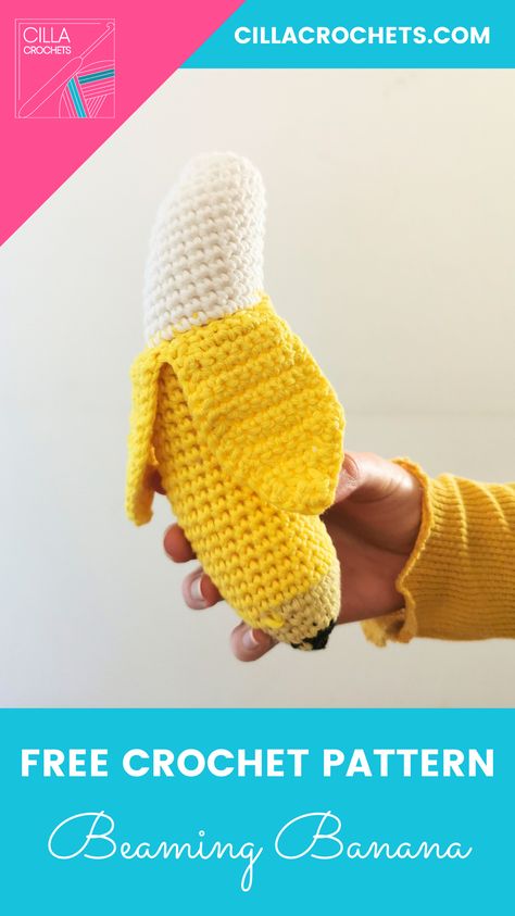 This free Beaming Banana crochet pattern is a great toy fruit for the kids and also a popular item for craft fairs. The pattern is also an easy pattern with step-by-step instructions throughout. Crochet Banana Pattern, Banana Crochet, Crochet Banana, Crochet Granny Square Tutorial, Banana Pattern, Popular Crochet, 4mm Crochet Hook, Quick Crochet Patterns, Crochet Food