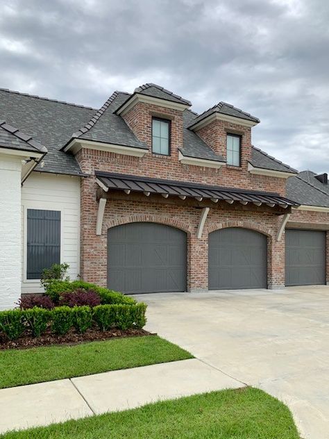 Garage Doors With Brick House, Brick Home With Garage, Red Brick And Cream Siding Exterior, Brown Red Brick House Exterior, Grey And Brick House Exterior, Maroon Brick House Exterior, Red Brick Craftsman Exterior, Stucco And Red Brick Exterior, Greige Siding Exterior