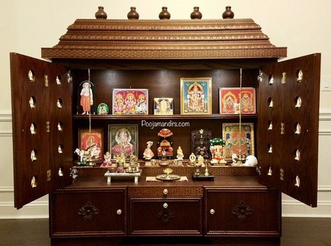 Pooja Mandirs USA - Chitra Collection - Closed Models Diy Pooja Mandir, Wooden Temple For Home, Pooja Door Design, Mandir Design, Temple Design For Home, Pooja Mandir, Pooja Room Door Design, Pooja Room Design, Room Door Design