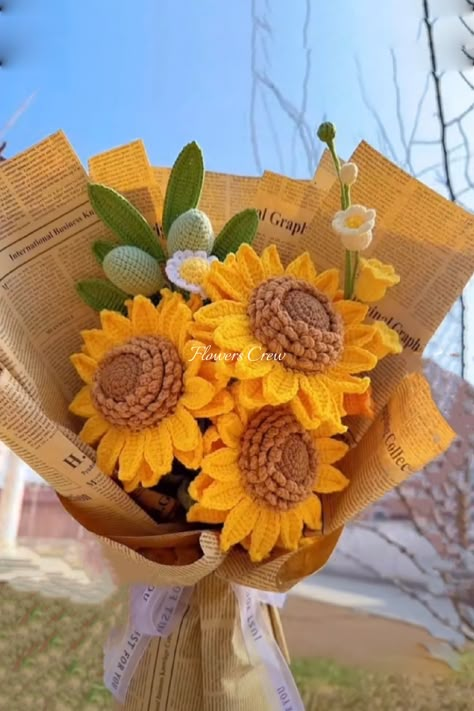 gift sunflower bouquet for him Yellow Crochet Flower Bouquet, Crochet Gift For Husband, Yellow Crochet Bouquet, Yellow Crochet Flowers, Yellow Crochet Projects, Sunflower Crochet Bouquet, Crochet Sunflower Bouquet, Yellow Flowers Bouquet, Flower Boquet