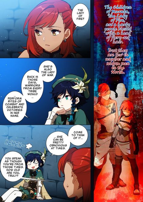 THE PYRO ARCHON IS A GIRL?(I'm referring to what venti is saying btw) Pyro Archon, Fiery Red Hair, Drawn Together, Webtoon Comics, Fantasy Adventure, Kawaii Art, Fantasy World, Pretty Art, Anime Character Design