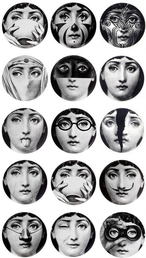 Just got my first Fornasetti plate!  The "tribal" one (of course) in the top right. Would love to get the first one in the second row to keep it company... Fornasetti Plates, Fornasetti Wallpaper, Piero Fornasetti, Lily Rose Depp, White Photo, Facial Expressions, Marie Antoinette, Art Director, Tattoo Studio