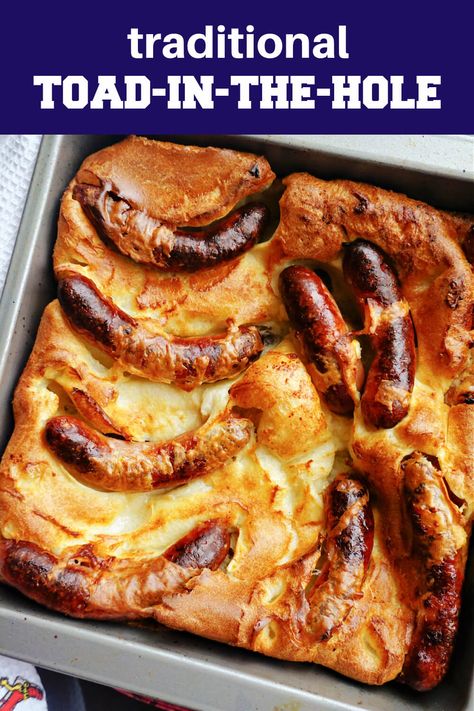 British Toad In The Hole, Toads In A Hole Recipe, Road In The Hole Recipe, British Casserole Recipes, British Crockpot Recipes, Toad In The Hole Recipe Jamie Oliver, English Recipes British Traditional, Large Yorkshire Pudding Recipe Easy, British Meals Dinners