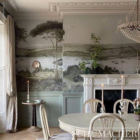 Schumacher Mural Wallpaper, Romantic Bosphorus Wallpaper, Schumacher Dining Room, Mural Dining Room, Plush Wallpaper, Dining Room Mural, Dining Room Murals, Library Restaurant, Panoramic Wallpaper