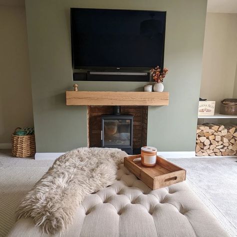 Electric Log Burner Living Room, Media Wall With Log Burner And Tv, Log Burner Media Wall, Log Burner Tv Wall, Fireplace Media Wall, Electric Log Burner, Log Burner Living Room, Oak Mantle, Living Room Panelling