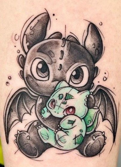 Stitch And Toothless Tattoo Ideas, Stitch And Toothless Tattoo, Baby Dragon Tattoo, Toothless Dragon Tattoo, Toothless Tattoo, Baby Dragon Tattoos, Baby Toothless, Disney Stitch Tattoo, Dragon Tattoo Back